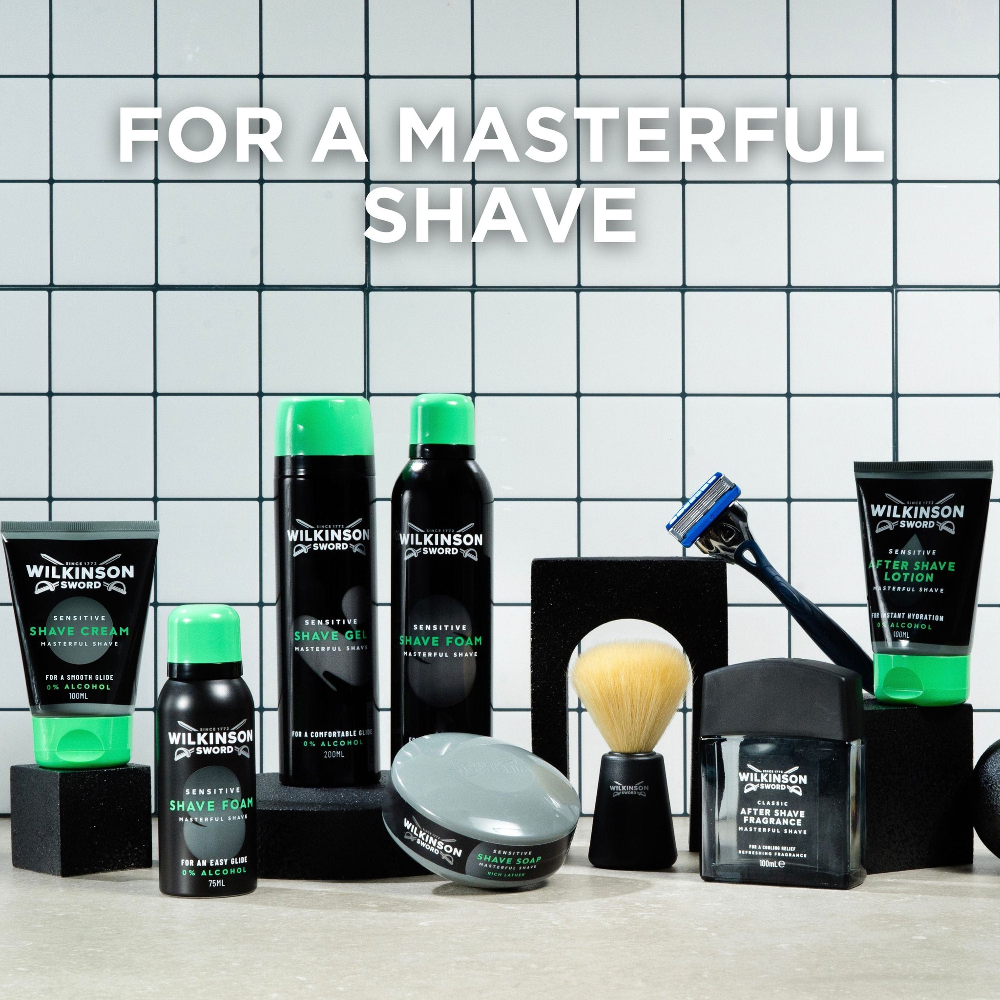 Wilkinson Sword products from the Masterful Shave range, for sensitive skin